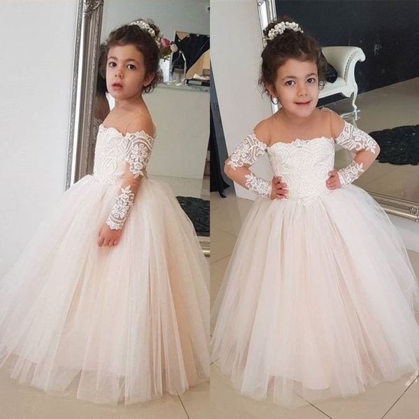 

ivory lace ball gown flower girl dresses for wedding sheer jewel neck toddler pageant gowns with long sleeves tulle kids communion dress, White;blue