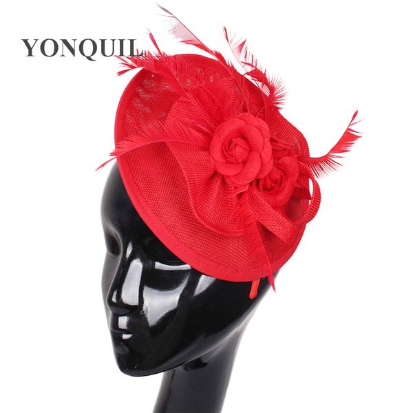 

multiple colors wedding hat 3 roses fascinator imitation sinamay millinery women party hair accessories with feather decorative headwear, Slivery;golden
