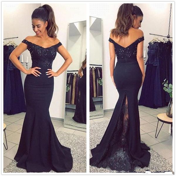 

navy blue beads mermaid long prom dresses lace applique off the shoulder satin sweep train party gowns formal evening wear, Black