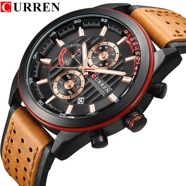 

curren watches top man watch leather chronograph waterproof male clock quartz man watches water resistant watch men 8292, Slivery;brown