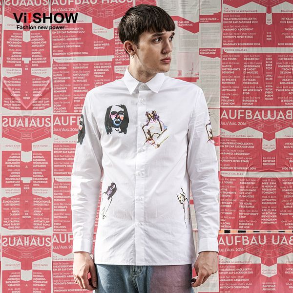 

wholesale-viishow long sleeve mens shirt casual personality slim fit print design turn down collar cotton mens dress shirts ccz6563, White;black