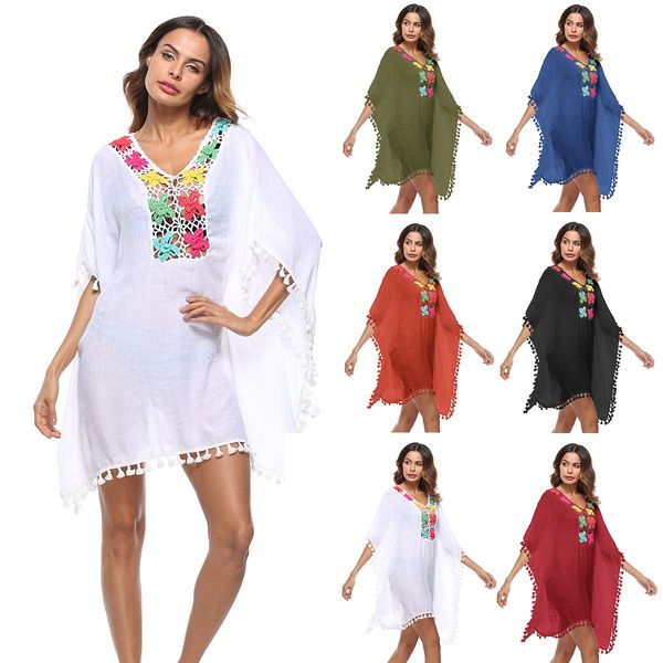 

2018new style women's bikini blouse tassels hook flower loose bikini dress t-shirt blouse high quality, White