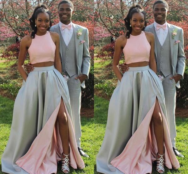 

two pieces 2021 prom dresses split skirt satin pink formal evening dresses cocktail party evening gowns, Black