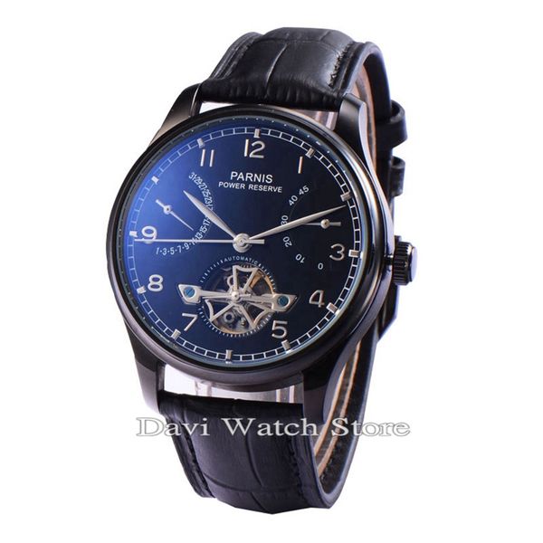 

43mm blue dial balck stainless steel case power reserve automatic movement mens watch, Slivery;brown