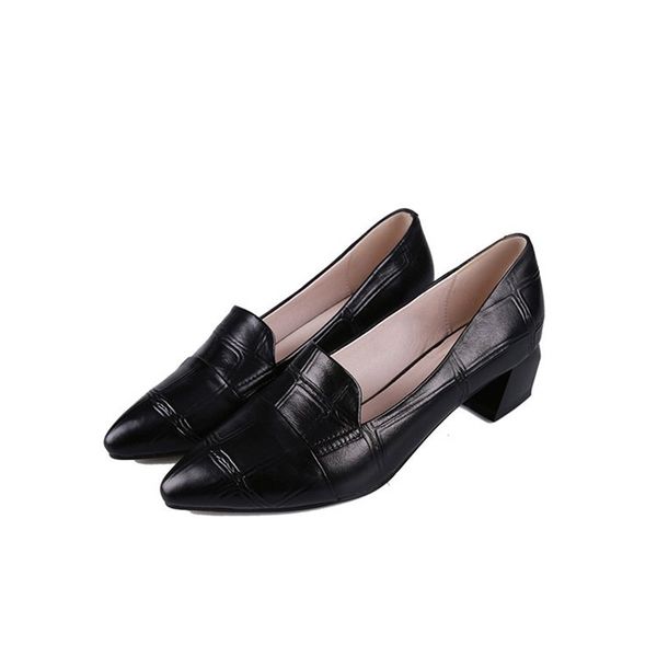 

high heels shoes woman tide suede single shoes grid pointed toe mid-heeled pumps office leather dress pumps, Black