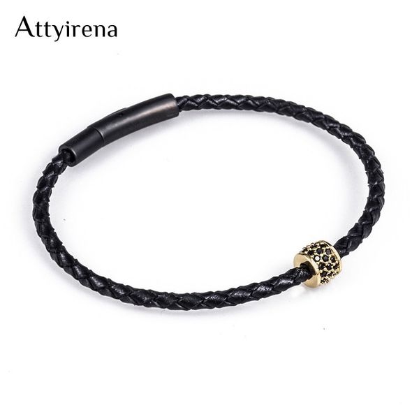 

mens bracelets stainless steel black leather bracelet round ser wristband bangle punk style fashion minimalist small jewlery, Golden;silver