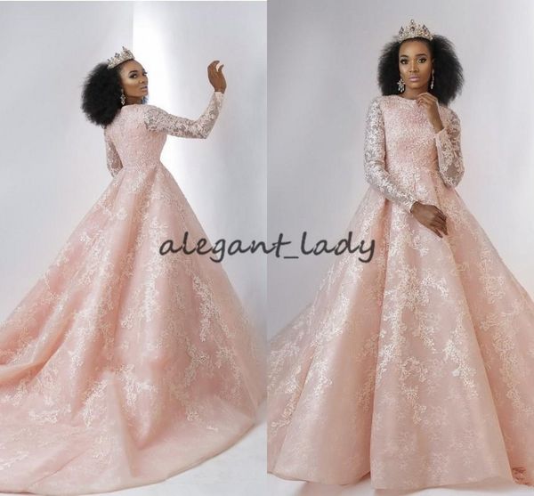 

румяна розовые кружева свадебные платья с длинным рукавом 2018 скромный высокая шея мусульманин дубай арабский южно-африканская принцесса св, White