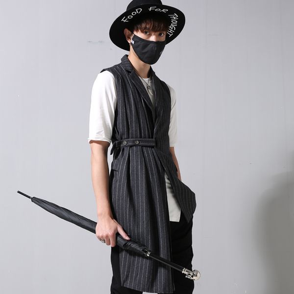 

new mens high end fashion original design personality men asymmetrical hairstylist striped vest clothing, Black;white
