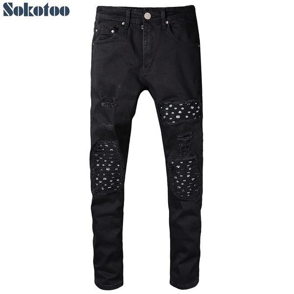 

sokotoo men's black flower pleated patch biker jeans for motorcycle slim skinny stretch denim pants high quality, Blue