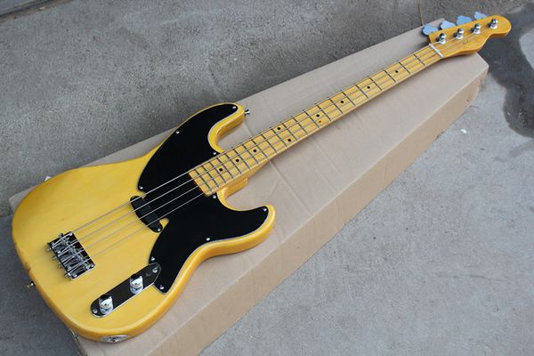 Personalizado de fábrica Amarelo Guitarra Baixo Elétrico com 1 Pickup, Pickguard Preto, Maple Fretboard, 4 Cordas, 21 Frets, oferta personalizado