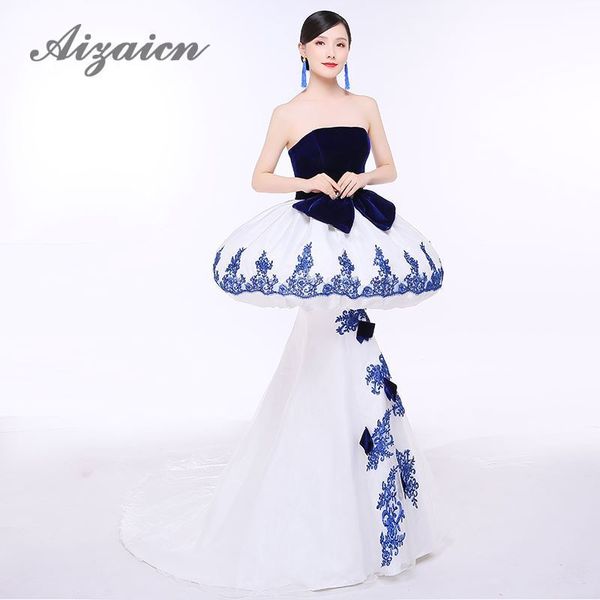 

mermaid evening dresses strapless trailing qipao china wedding cheongsam blue white long traditional chinese fashion dress, Red