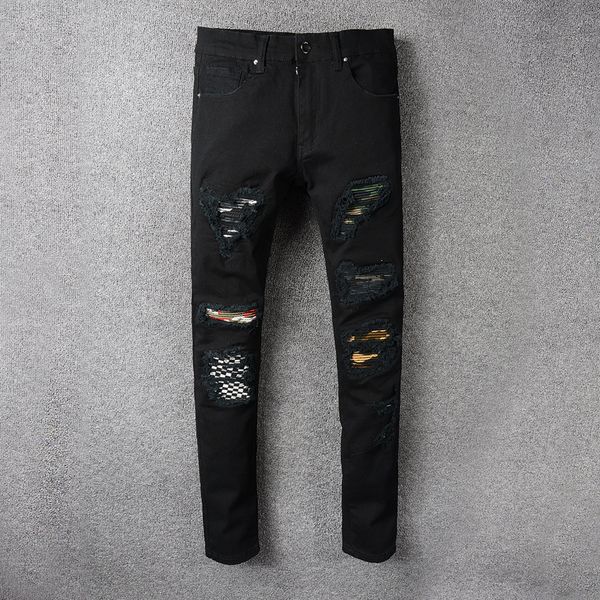 

men's fashion embroidery holes jeans jeans, Blue