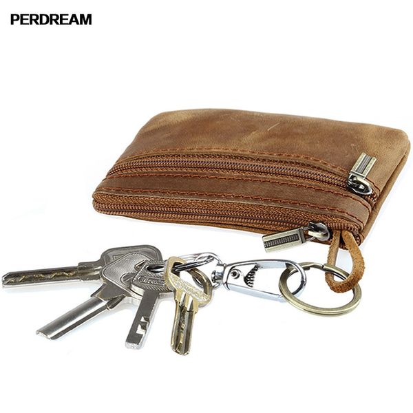 

perdream cow leather coin purses vintage zipper coin pocket solid genuine leather key package bus card holder mini wallet bag, Red;black