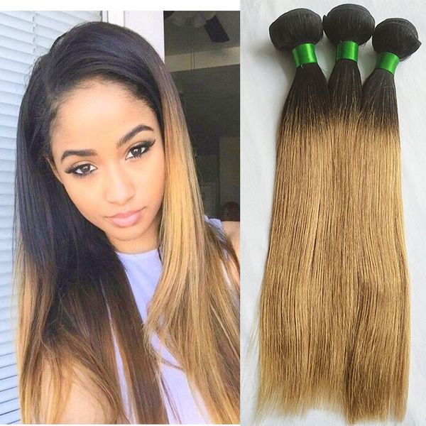 

straight honey blonde human hair bundles #1b/27 ombre brazilian malaysian peruvian indian mongolian virgin hair weave wefts 100g/pc, Black
