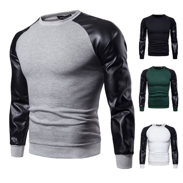 

Mens Leather Panelled Casual Pullovers Male High Street Crew Neck Long Sleeve Tops Spring Autumn Sweatshirts