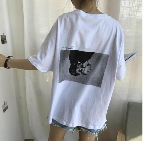 

2018 новых корейских женщин летом простой harajuku стиль bf свободные ретро характер сплошной цвет с короткими рукавами футболки женский при, White