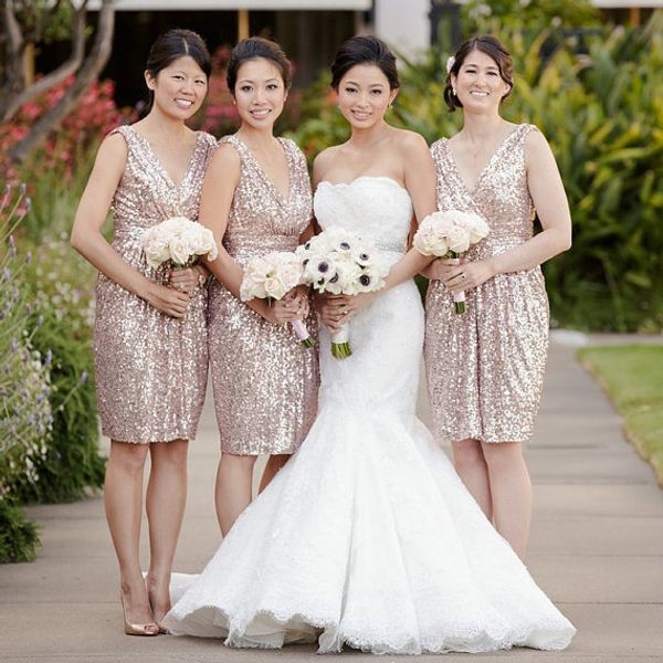 

fashion sequined backless bridesmaid dresses v neck sheath maid of honor gowns knee length short country wedding guest dress, White;pink