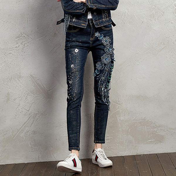 

luxury denim women jeans casual pencil pant ultra stretchy blue sequined pattern ripped jeans pencil skinny trousers for women