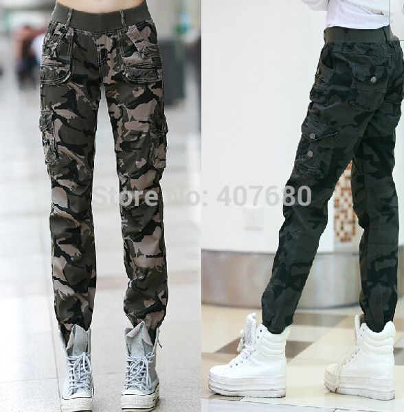 

2016 new womens fashion casual loose camouflage army green outdoors cargo pants elastic waist 100% coon s-3xl, Black;white