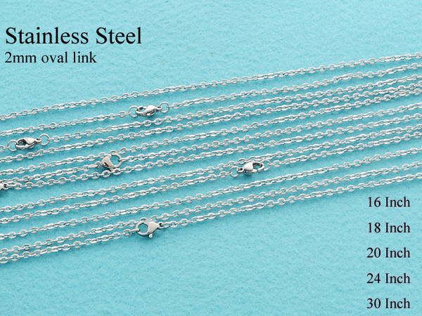 

20 pcs - stainless steel cable chain necklace, 2mm flat oval link rolo chain, stainless steel chain - 16/18/20/24/30 inches, Silver