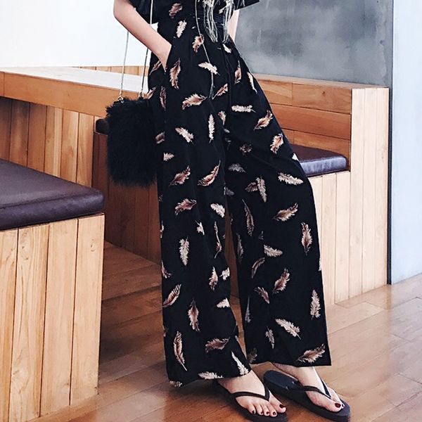 

chicever elegant print chiffon trousers for women high waist bandage feather loose black wide leg female pants fashion casual, Black;white