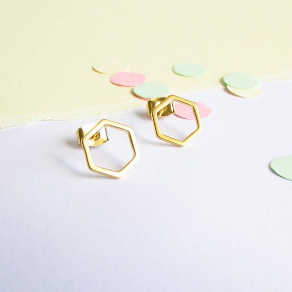 

10pair cut out hexagon honeycomb stud earring open line hive hexagon earring simple minimalist geometric stud earrings, Golden;silver