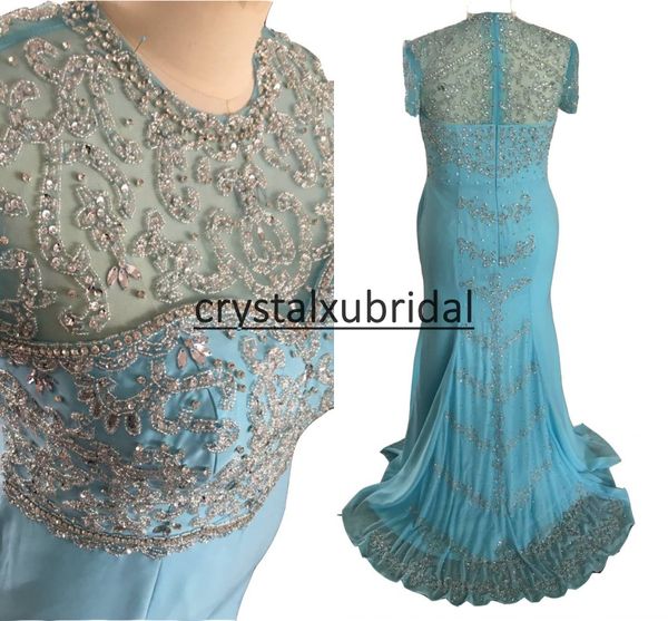 Nuova Blue Mermaid Mother of the Bride Dresses Illusion Jewel Neck Crystal Chrystal perline Plus Size Short Shorthi