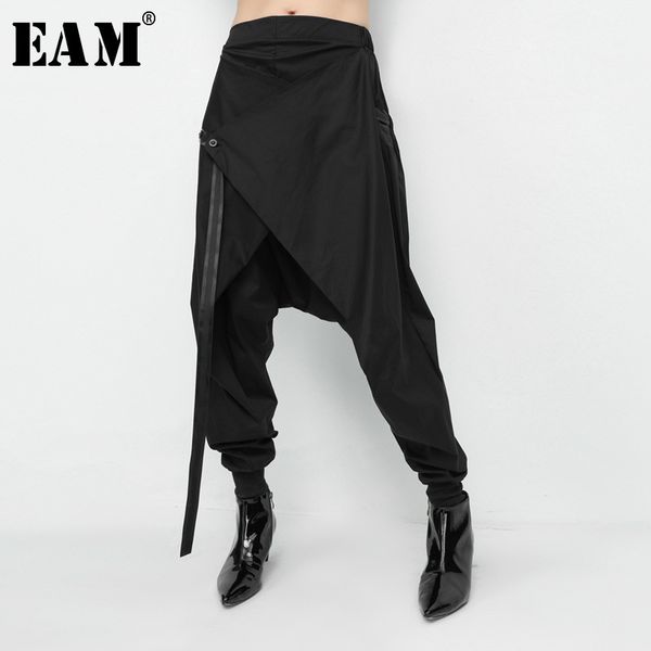 

eam] 2018 autumn winter black loose elastic waist lace up spliced personality casual harem pants fashion new women's la982, Black;white