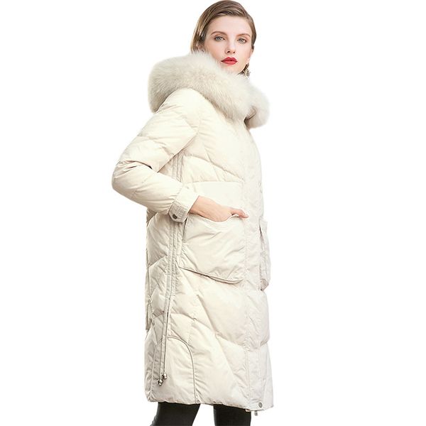 

kamiying down jacket 2018 women's fashion dress hair collar loose pure color women's middle length white duck down pkhd719, Black