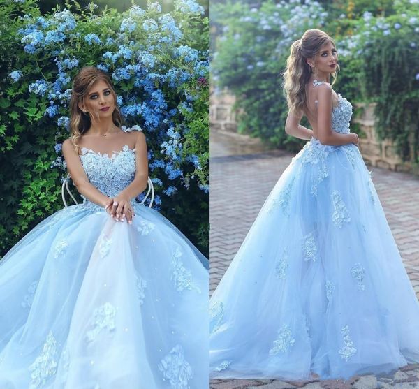 

2019 Light Sky Blue Sheer Jewel Neck Prom Dresses Lace Appliques Sleeveless Backless Sweep Train Long Formal Evening Party Gowns Custom Made, Black