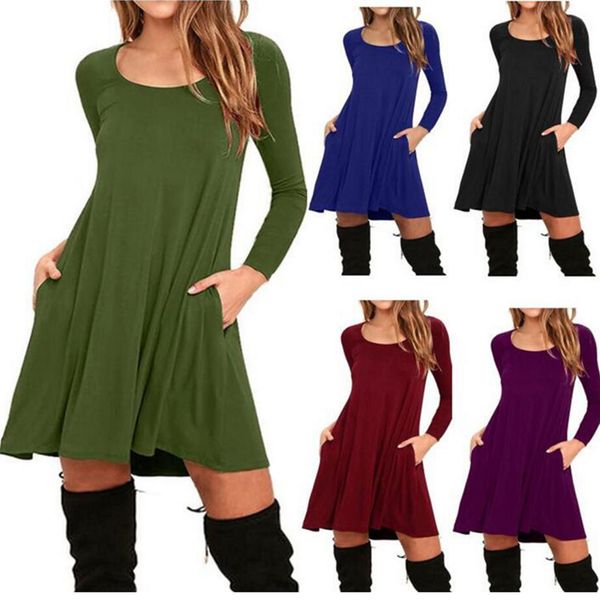 

plus size dress 2018 women mini vestido pocket loose cotton casual dress spring long sleeve round neck, Black;gray