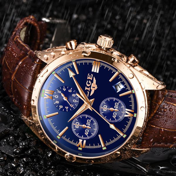 

new fashion lige brand watch men leather business chronograph quartz sport watch male waterproof gifts clock relogio masculino, Slivery;brown