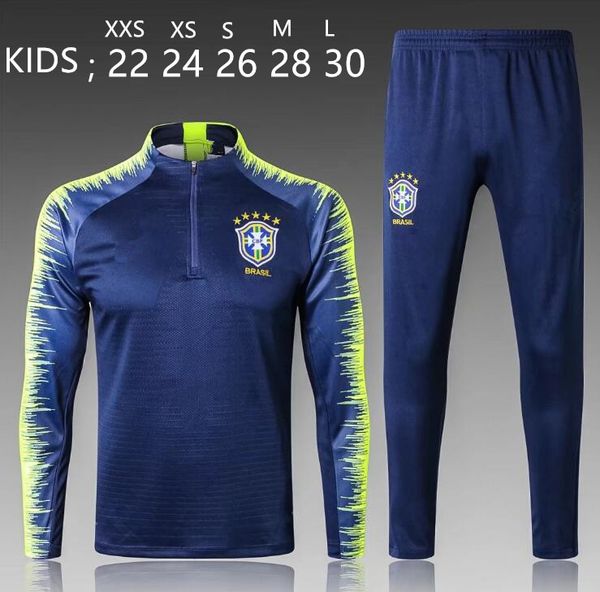 

2018 brazil kids tracksuit training suits uniforms shirts chandal tracksuits survetement long sleeve tight pants with half z, Black