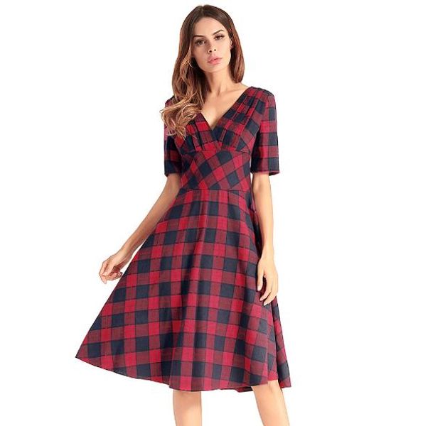 

2018 весна и лето новый женский v-образным вырезом с короткими рукавами плед платье мода sexy повседневные платья женщин мини-платье, Black;gray