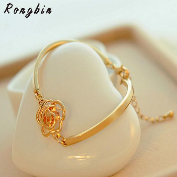 

2017 women golden flower crystal rose bangle cuff chain bracelet chic jewelry present fashion style, Black