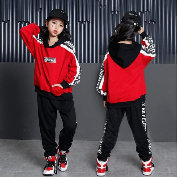 

red girls ballroom jazz hip hop dance performance costumes hoodie shirt pants kids boys dancing clothing outfits stage wear, Black;red