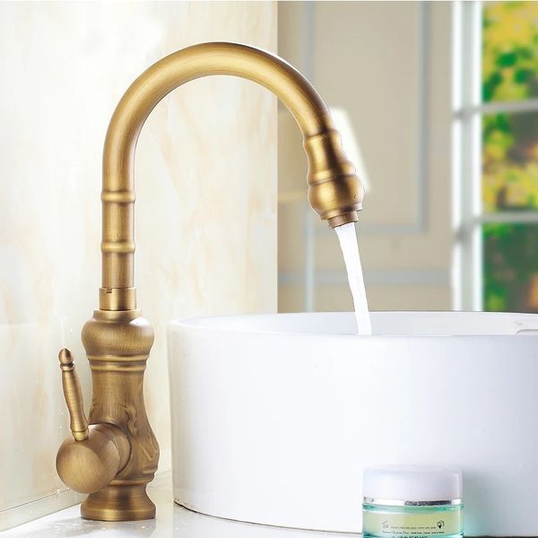 

Retro Style Antique Brass carved Kitchen Faucet Cold and Hot Water Mixer Single Handle 360 Degree Rotation kitchen faucet Tap