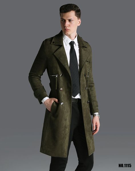 

men's trench coats wholesale-autumn winter fashion imitation suede double breasted tide long coat male casual adjustable waist, Tan;black