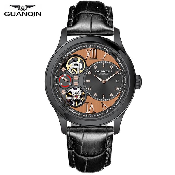 

guanqin 2018 watch men automatic watch waterproof mechanical gold men watches skeleton clock relogio masculino, Slivery;brown