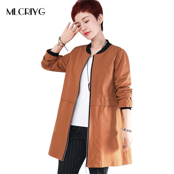 

mlcriyg fashion casual long coat women windbreaker o-neck female plus size cotton trench ladies coats long sleeve autumn outwear, Tan;black