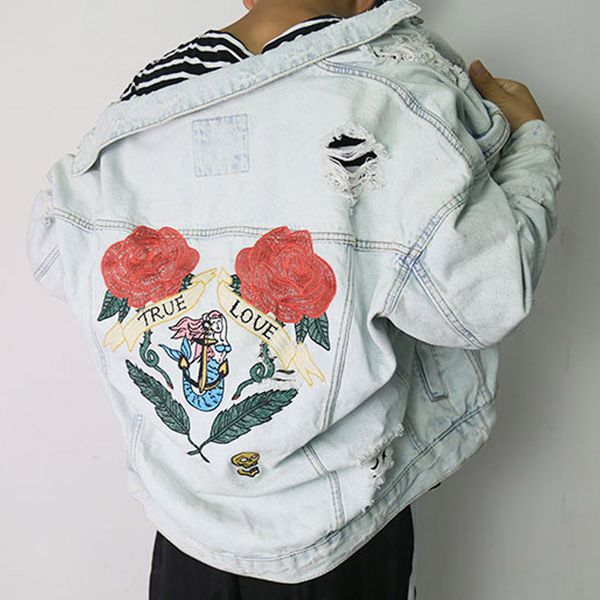 

mcckle man's floral embroidery ripped holes jackets 2018 autumn fashion harajuku men denim coats male casual loose outwear, Black;brown