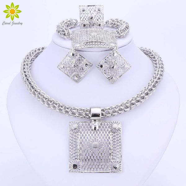 

whole salefine african beads silver plated jewelry sets nigerian wedding accessories bridal collares costume square necklace earrings set, Slivery;golden
