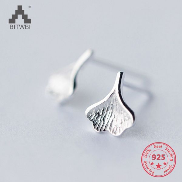 

100% 925 sterling silver simple cute sweet ginkgo biloba leaf japanese stud earring for women, Golden;silver