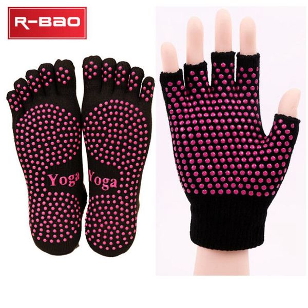 

yoga socks ladies sport pilates socks ballet dance five fingers silicone dots non-slip socks&gloves set good price, Black