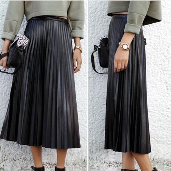 

new maxi long pleated women vintage high waist pu leather skirt plus size, Black
