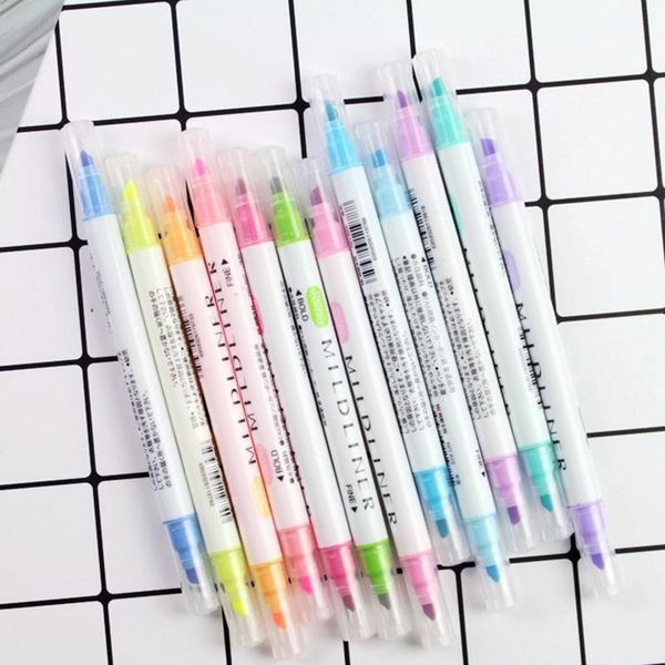 

12 pcs/set japanese mildliner pens mild liner double headed fluorescent pen cute art highlighter drawing mark pen stationery, Black;red