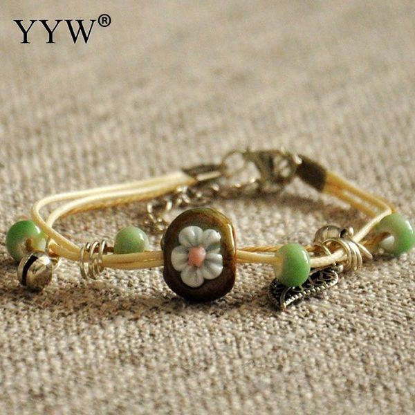 

2018 bracelet women fashion ethnic ceramic bronze adjustable handmade charm flower porcelain beads rope bracelets, Golden;silver
