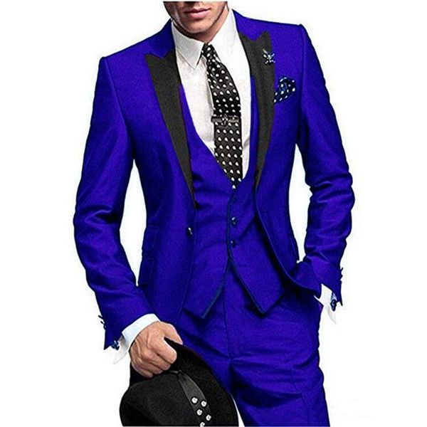 Chegada Nova Groomsmen Royal Blue Noivo Smoking Black Peak lapela Men Suits Wedding melhor homem Noivo (jaqueta + calça + Vest + empate) L167