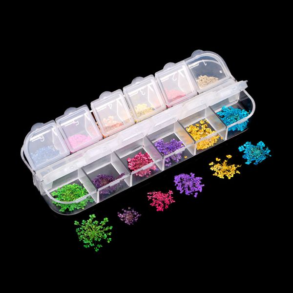 

36pcs 12 patterns 3d dry flowers stickers real dried flower nail art decoration tips diy manicure tools with box, Silver;gold