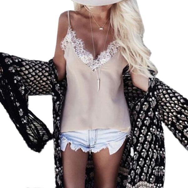

2016 women ladies vest sleeveless lace tank t shirt summer casual loose backless femme blouse camis kj2, White
